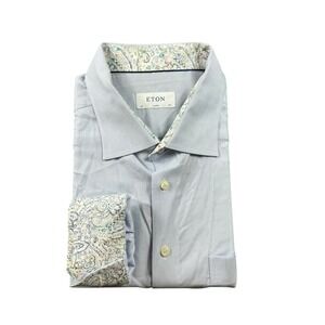 ETON Classic Current Light Blue Floral Flip Cuff L/S Button Front Size 19.5/49